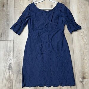 Lilly Pulitzer Flower Eyelet Dress 3/4 Sleeves Navy Blue Size 12